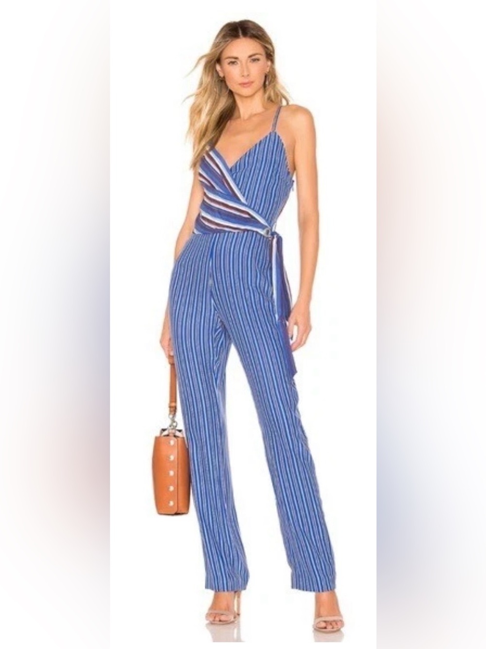 Rag & Bone Felix Blue/White/Red Silk Wrap Tie Waist Spaghetti Strap Jumpsuit-6